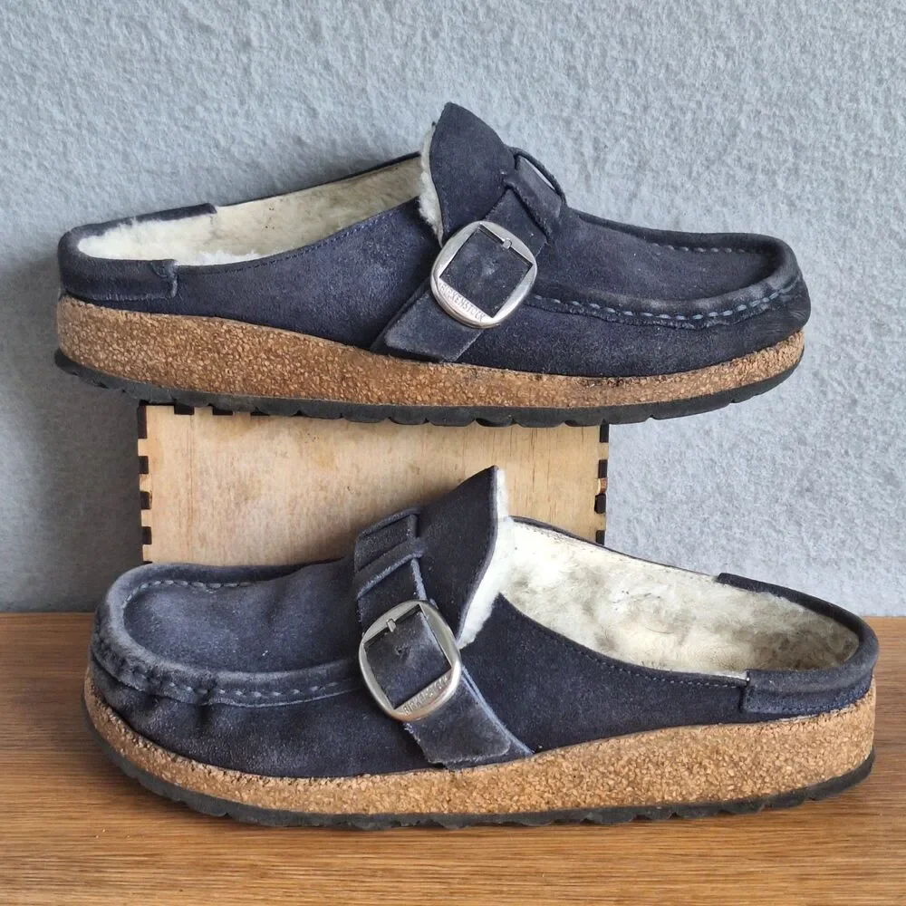 Birkenstock Women's Gray Suede Shearling Mule Clogs with Buckle - Picture 5 of 14